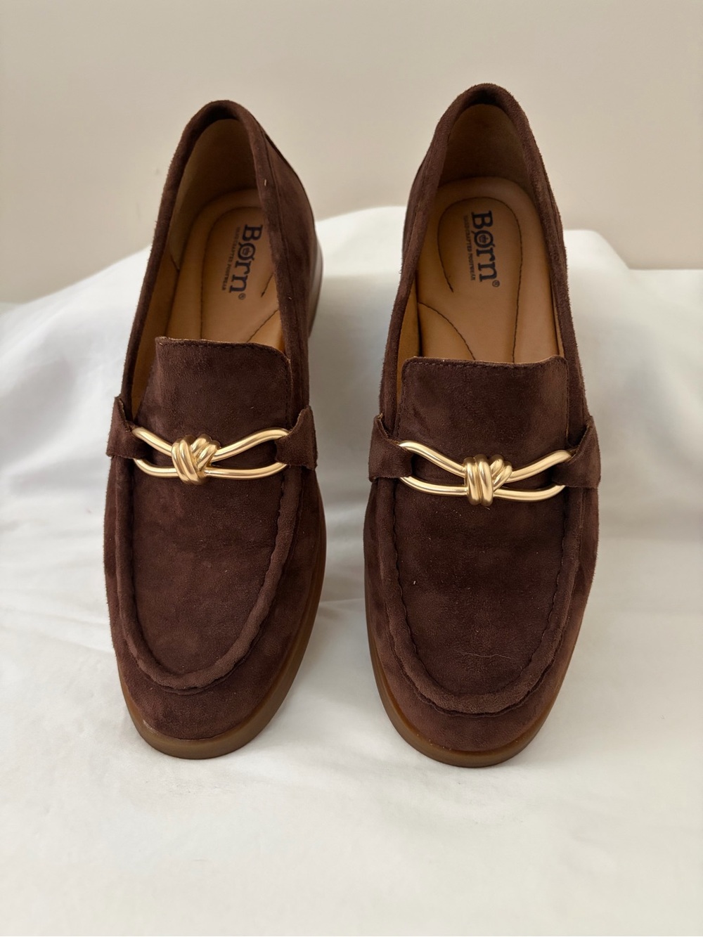 Born Womens Dark Brown Suede Slip-On Loafers with Gold Knot